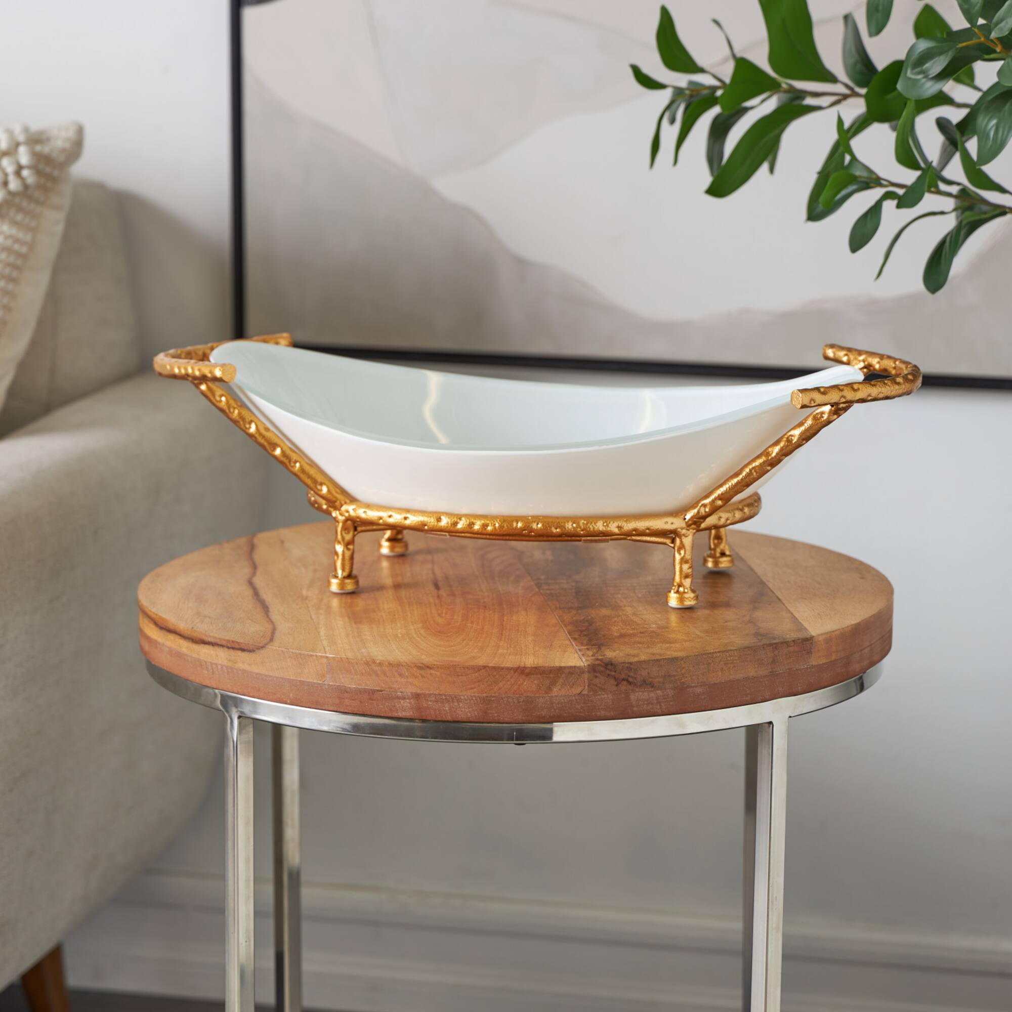 21" x 10" White Tempered Glass Kitchen Serving Bowl with Gold Metal Stand